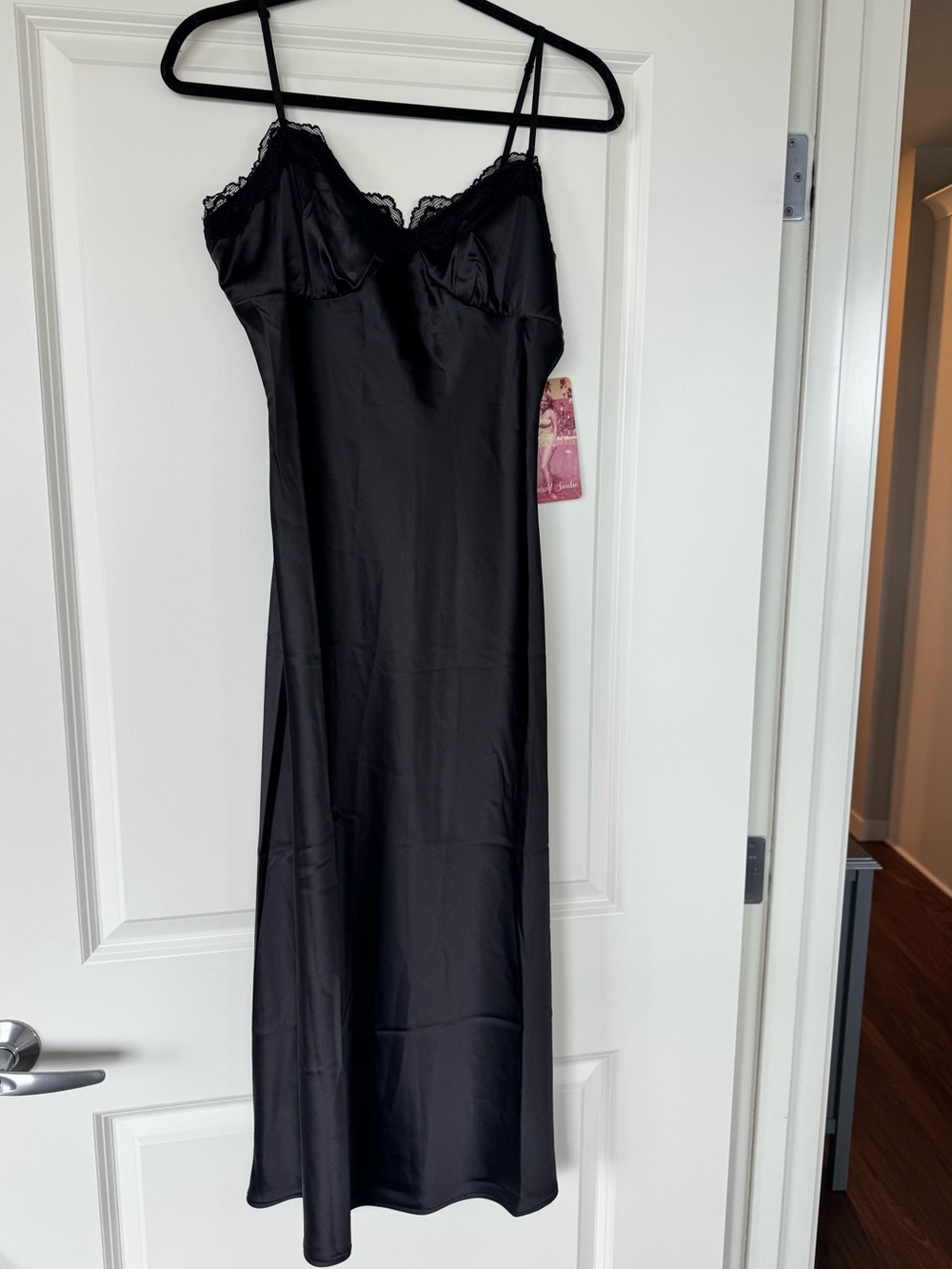 NWT Black Satin Slip Dress with Lace Trim